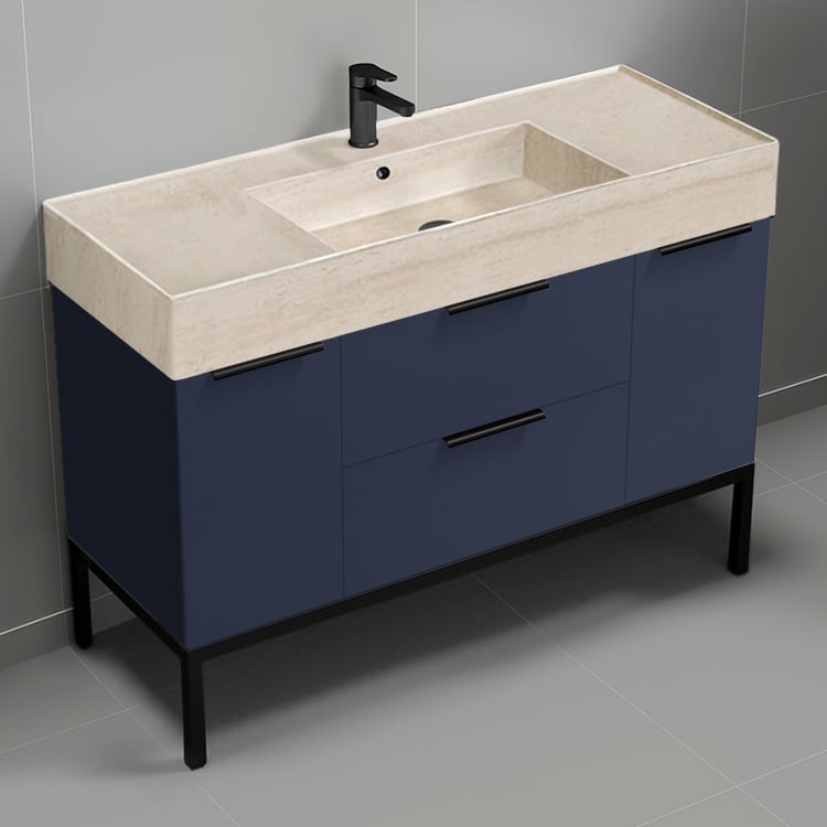 Nameeks DERIN832 48 Inch Travertine Style Sink Navy Blue Free Standing Single Bathroom Vanity